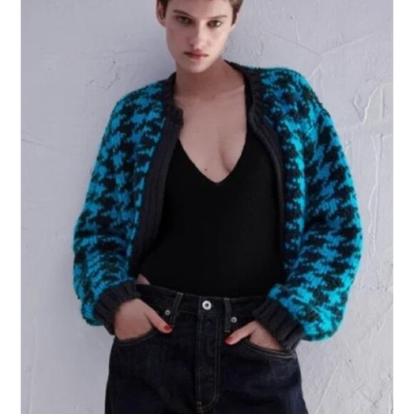 Zara‎ Houndstooth Chunky Blue Black Open Front Cardigan L Slouchy Preppy Casual - Picture 3 of 16